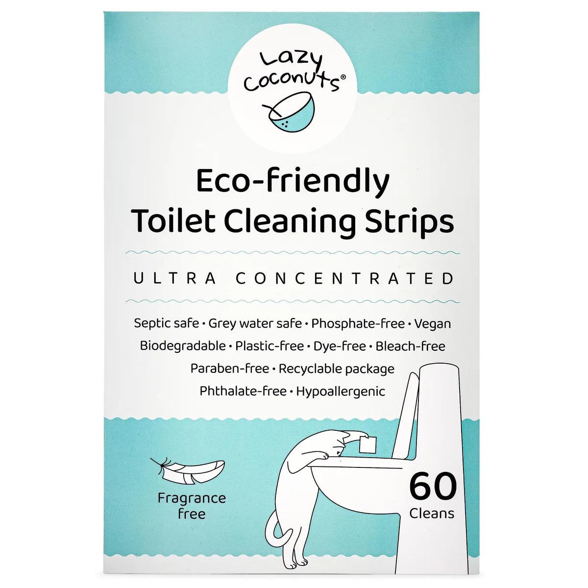 A thin cardboard box holding 60 toilet cleaner strips, lemon scented