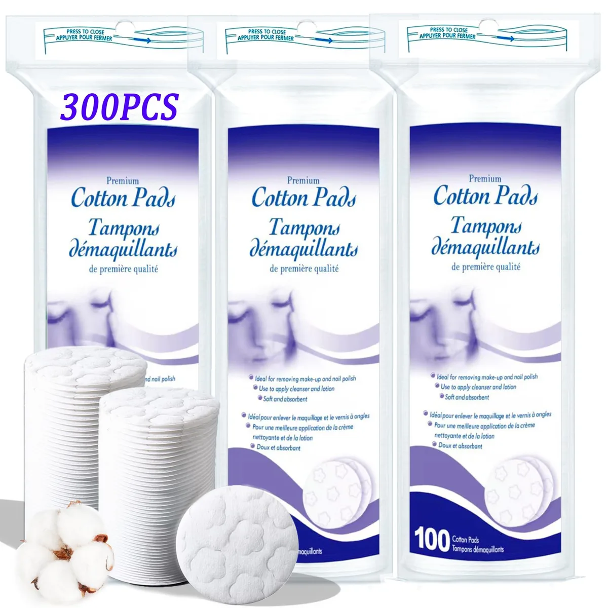 White round cotton pads packed in a rectangular box