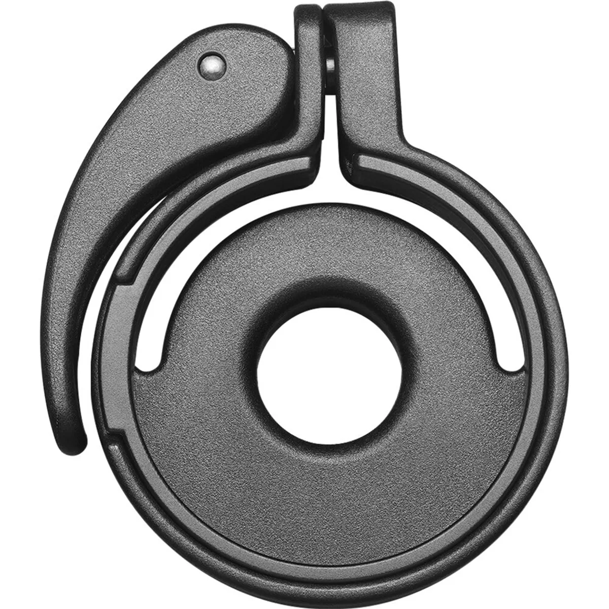 Black metal clamp adapter with two silver insert rings for binoculars