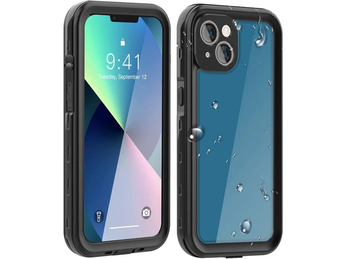 Clear rugged waterproof case for iPhone 13 Mini with built-in screen protector