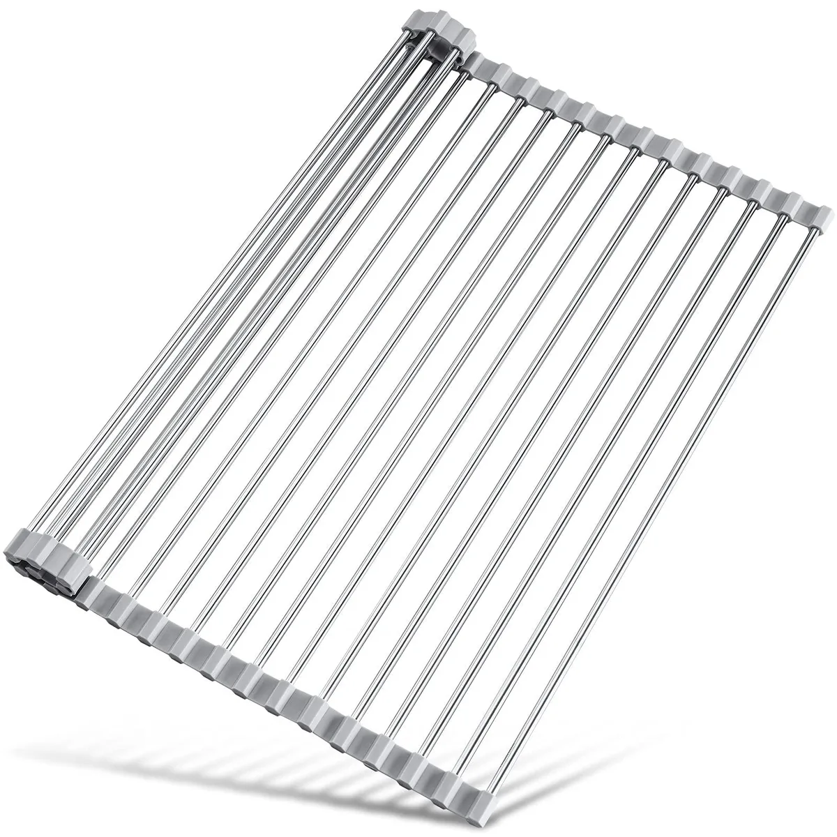 Grey roll-up stainless steel rack with silicone edges over sink
