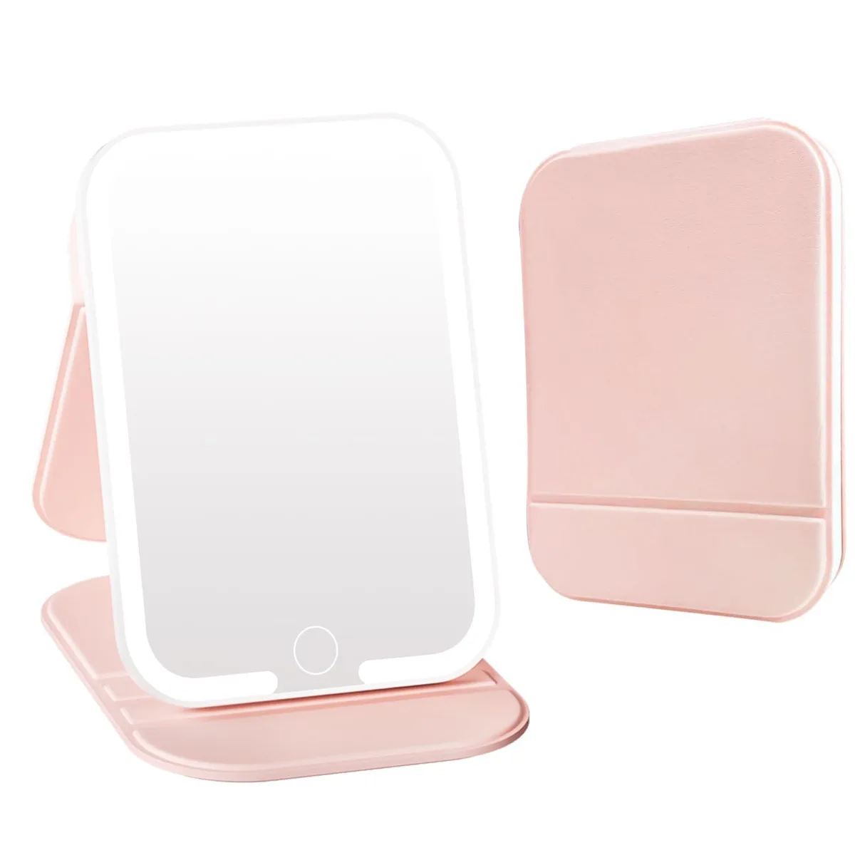 Pink oblong travel mirror with 72 LEDs, 7.3 by 5.2 inches