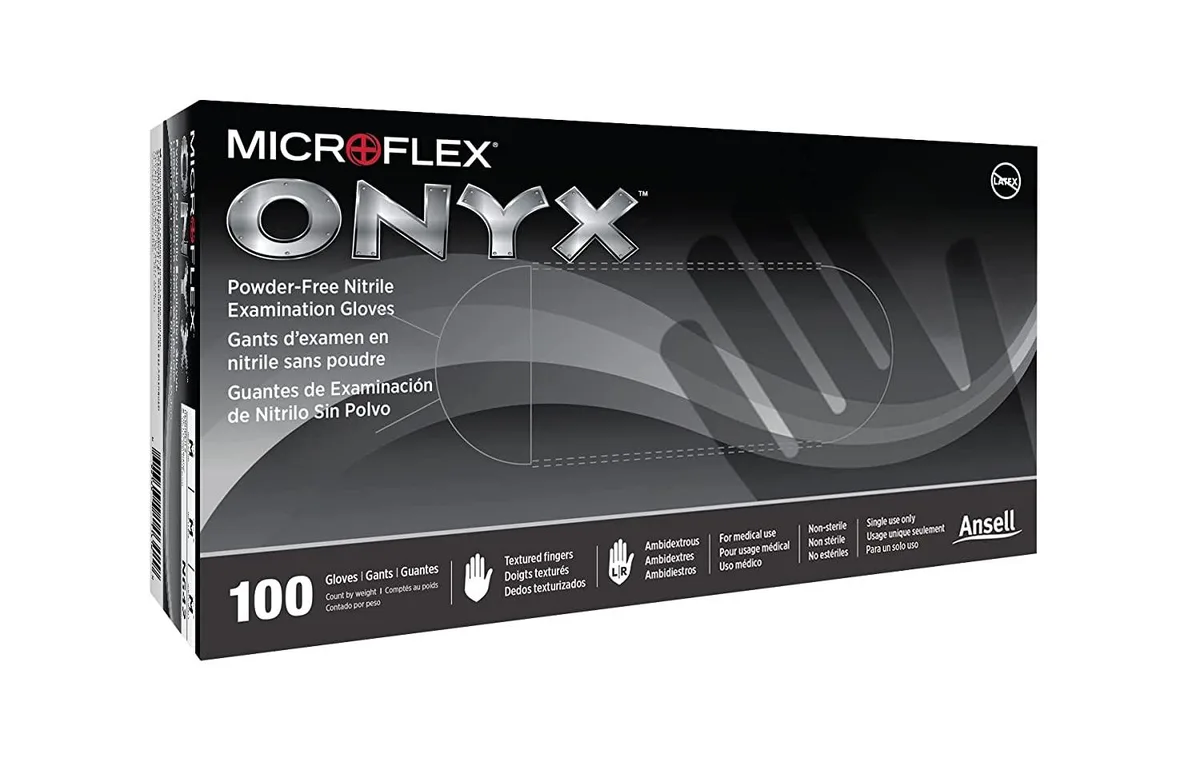 Box of 64 black nitrile exam gloves, textured fingertips, standard cuff