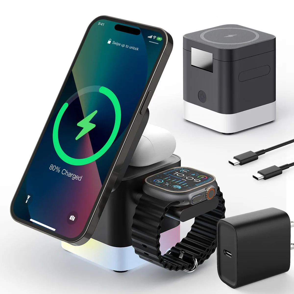 Black foldable cube wireless charger with magnetic phone pad, pop-out watch drawer and AirPods surface