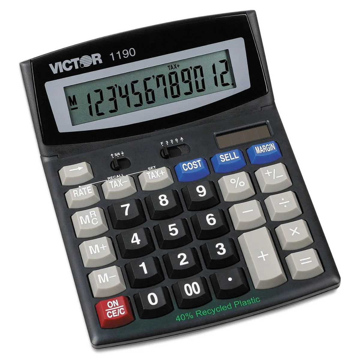 Pink desktop calculator with tilted LCD display and metal finish