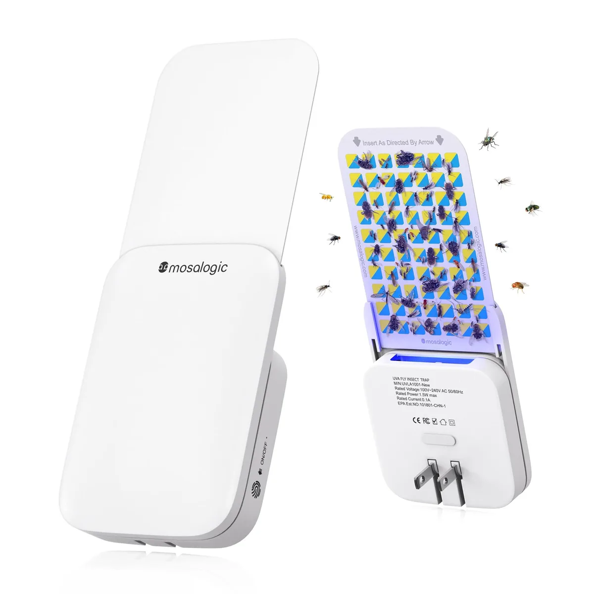 White rectangular plug-in insect trap with UV light visible through front grille