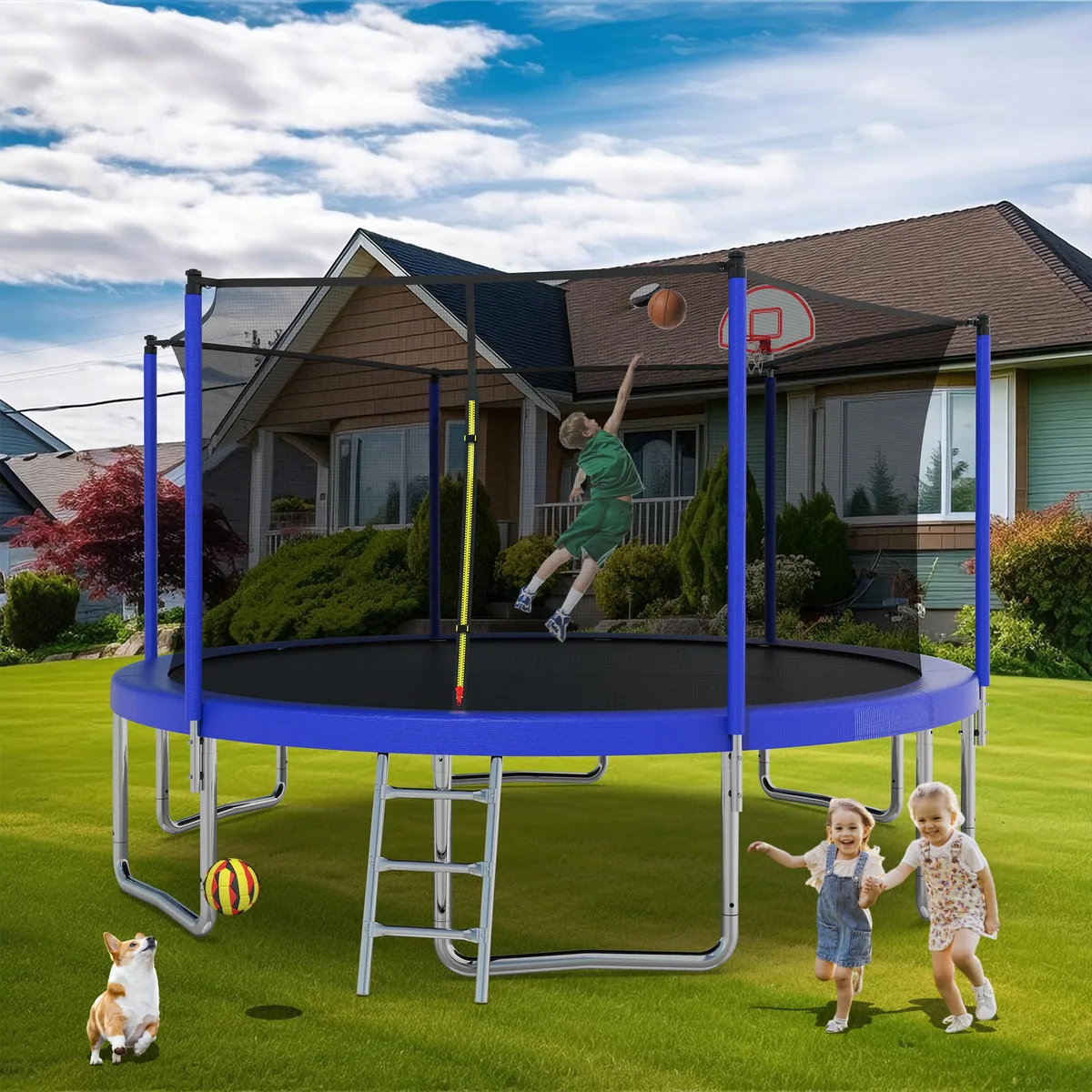 MERSCO MERSCO 14ft Trampoline Outdoor Toy Blue with Basketball Hoop Enclosure Net Ladder — product photo