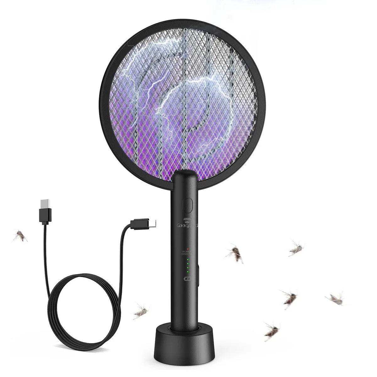Handheld electric fly swatter with USB-C charging and UV light, three-layer mesh grid visible