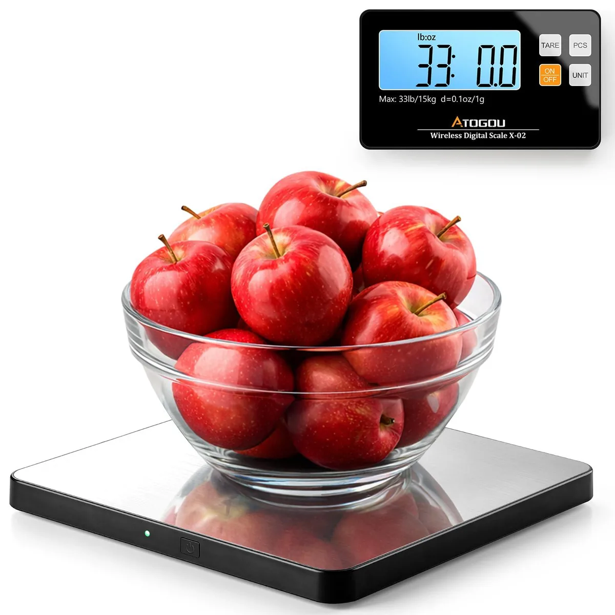 Wireless kitchen scale with detachable display, yellow plastic body, 7 by 7 inch platform