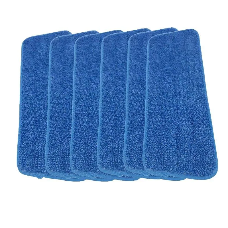 Six white microfiber mop pads in a pack