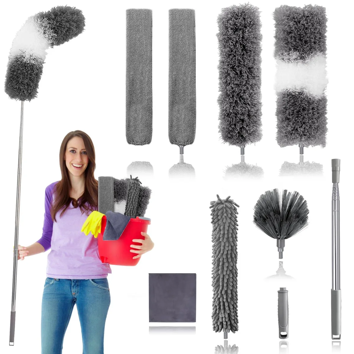 Black feather duster set with telescopic pole extending 16 to 84 inches, bendable microfiber heads, chenille duster