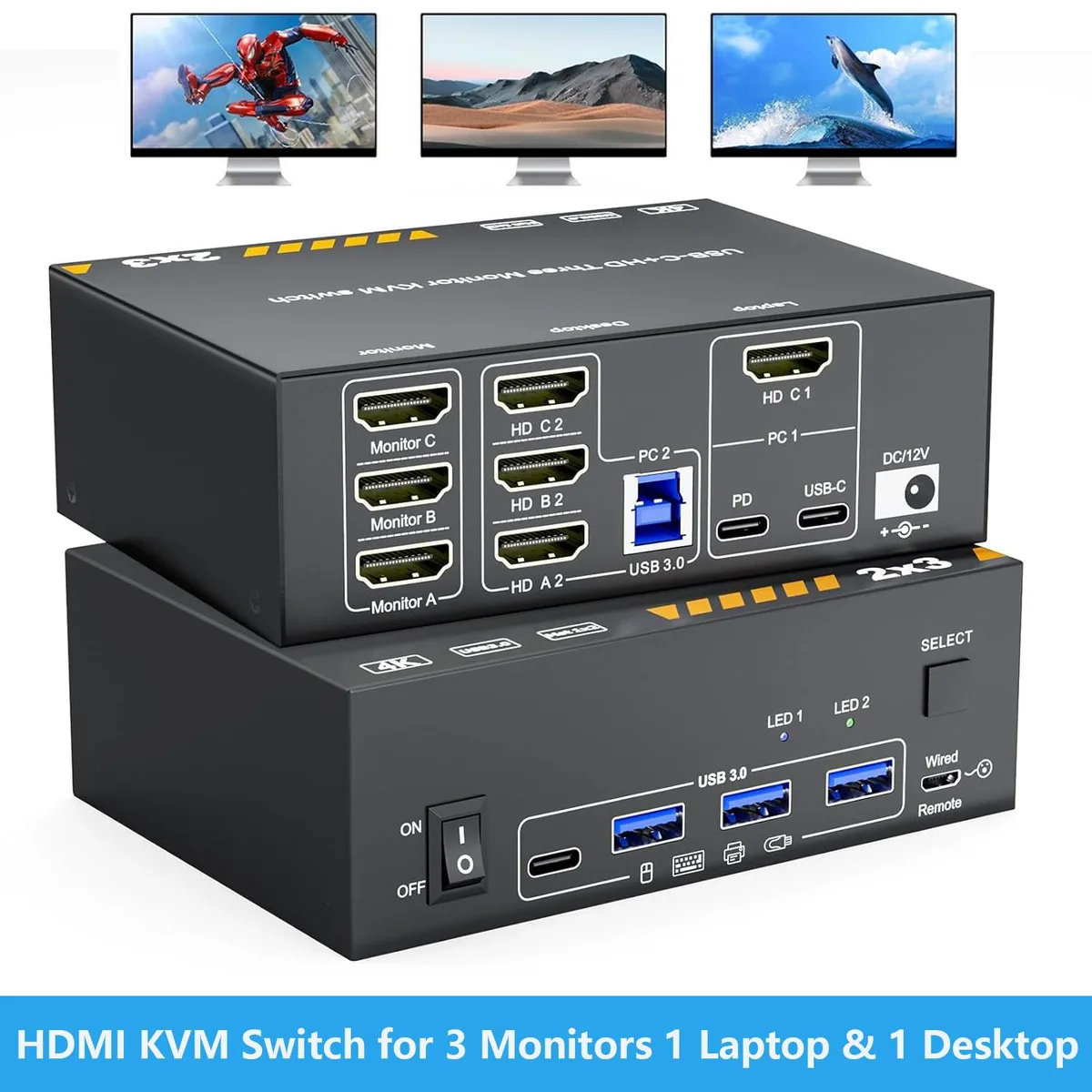 IHDAPP IHDAPP 203C 2-PC 3-Monitor KVM Switch 4K 60Hz USB 3.0 — product photo