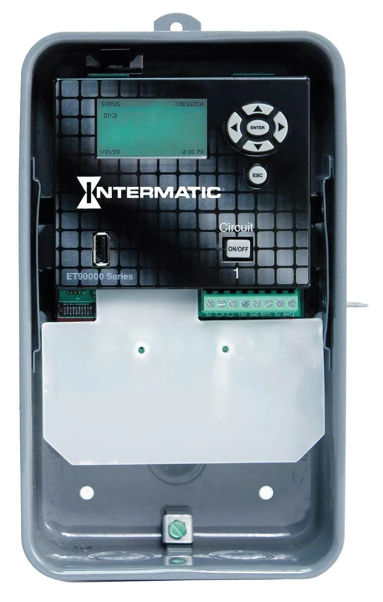 Gray rectangular electronic timer with snap-in mounting and metal enclosure