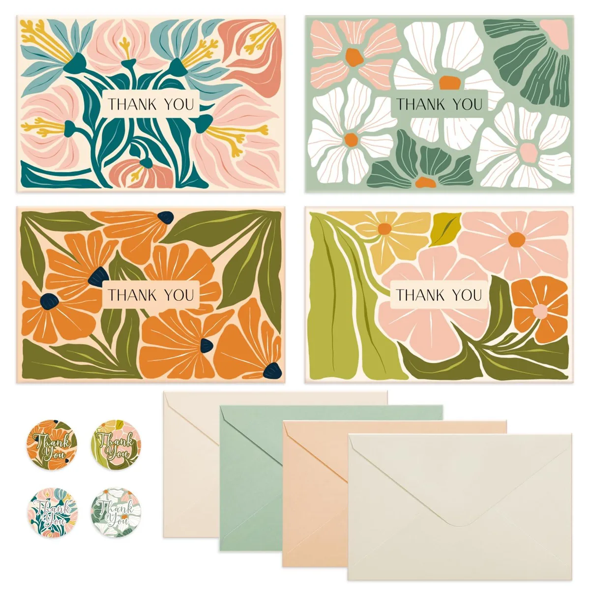 Boxed set of 36 multicolor floral thank-you cards with envelopes and stickers