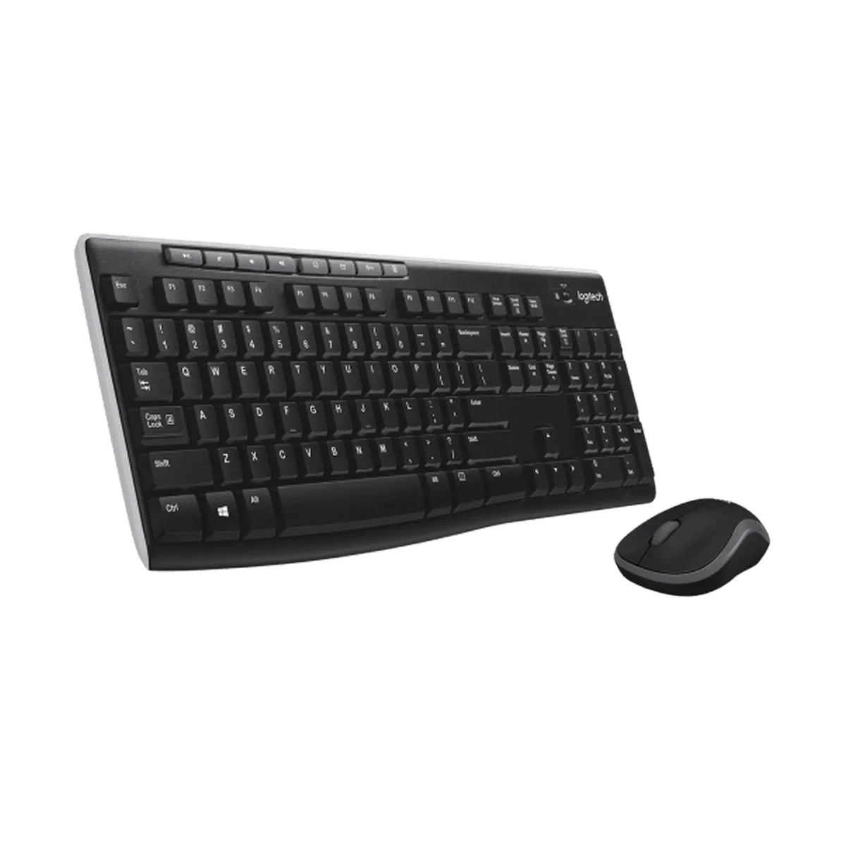 Black full-size wireless keyboard with numeric keypad and compact curved mouse, USB nano receiver included