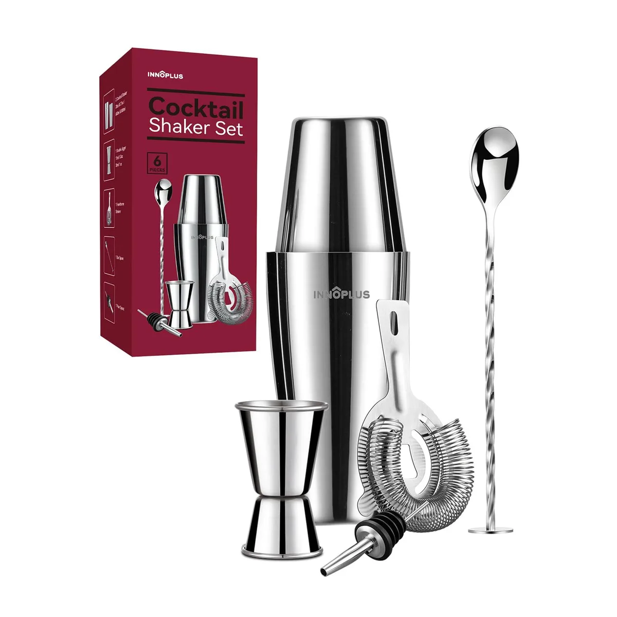 Six-piece stainless steel bar set with two shakers, strainer, jigger, spoon and pourer