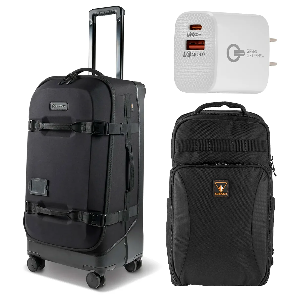 Pelican Products, Inc. Pelican Aegis Wheeled Roller Hybrid Duffel Bag Black with AirTag Alpine Backpack Wall Charger Camera Case — product photo