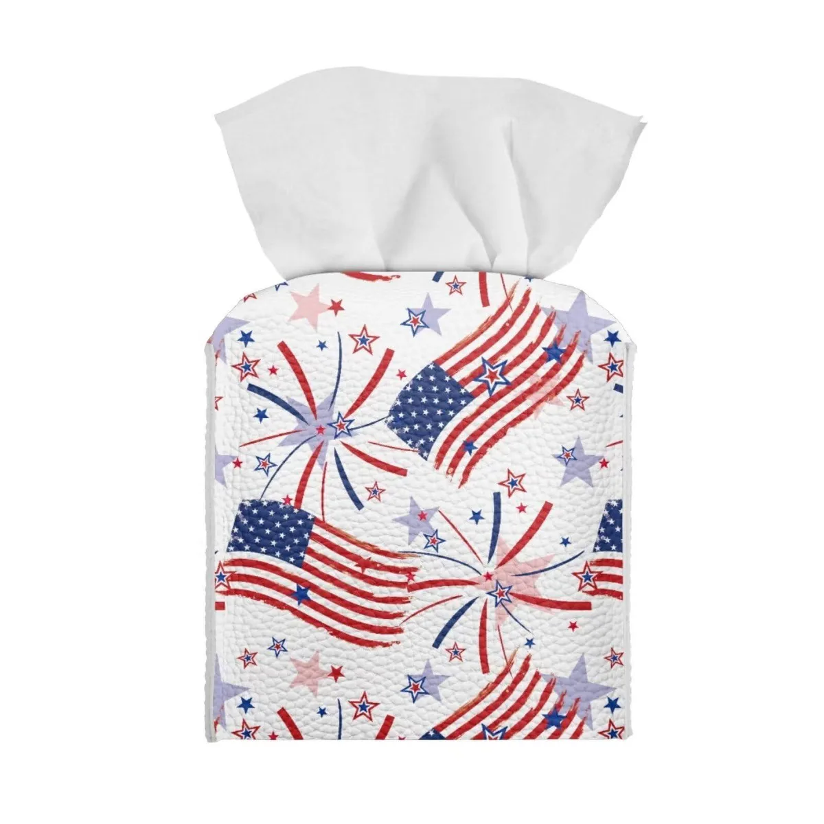 Square PU leather tissue box cover with USA flag firework print, belt bottom opening, fits standard 5.1 inch box