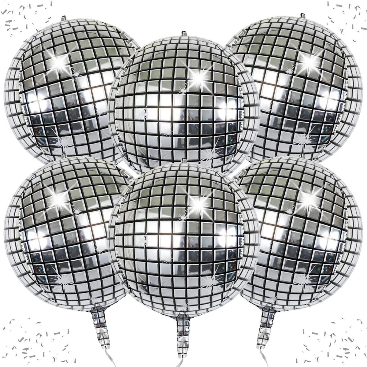 Six 22-inch silver disco ball balloons with straws