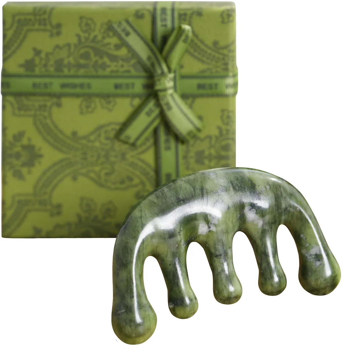 Green jade massage comb with rounded teeth and smooth edges, 9 by 9 by 2 centimetres