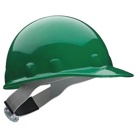 Green thermoplastic hard hat with front brim and eight-point ratchet suspension