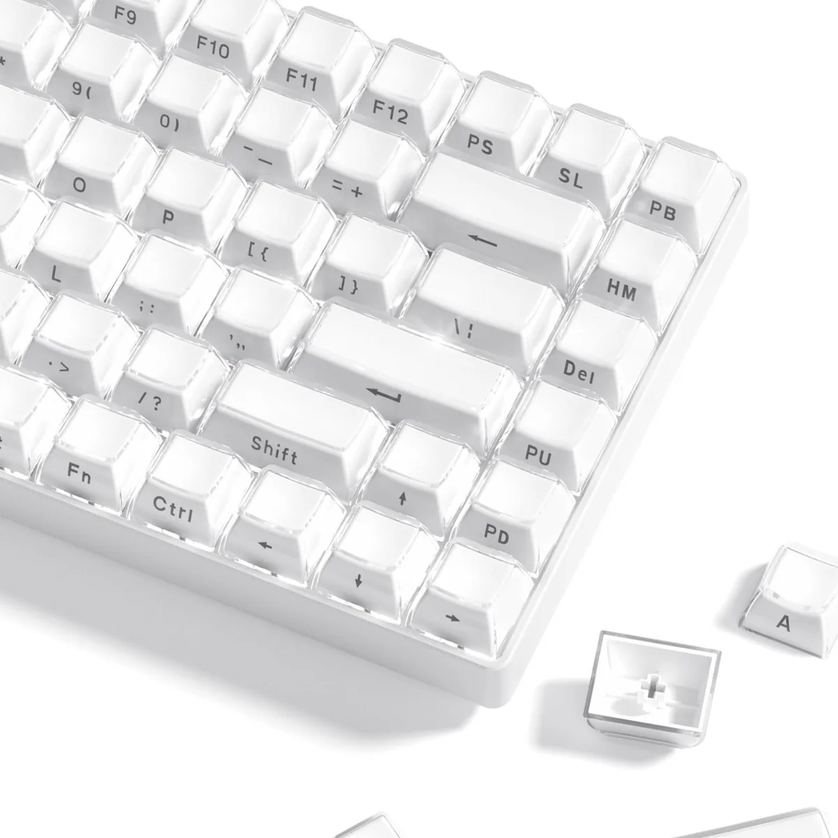 White translucent double-layer keycap set in OEM profile, 113 keys with side-printed legends