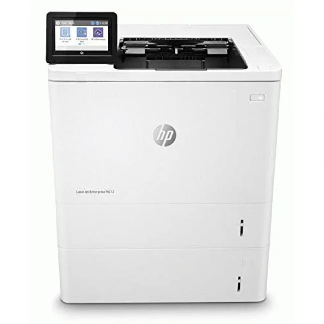 Large rectangular black-and-white laser printer, matte dark finish, front paper tray visible