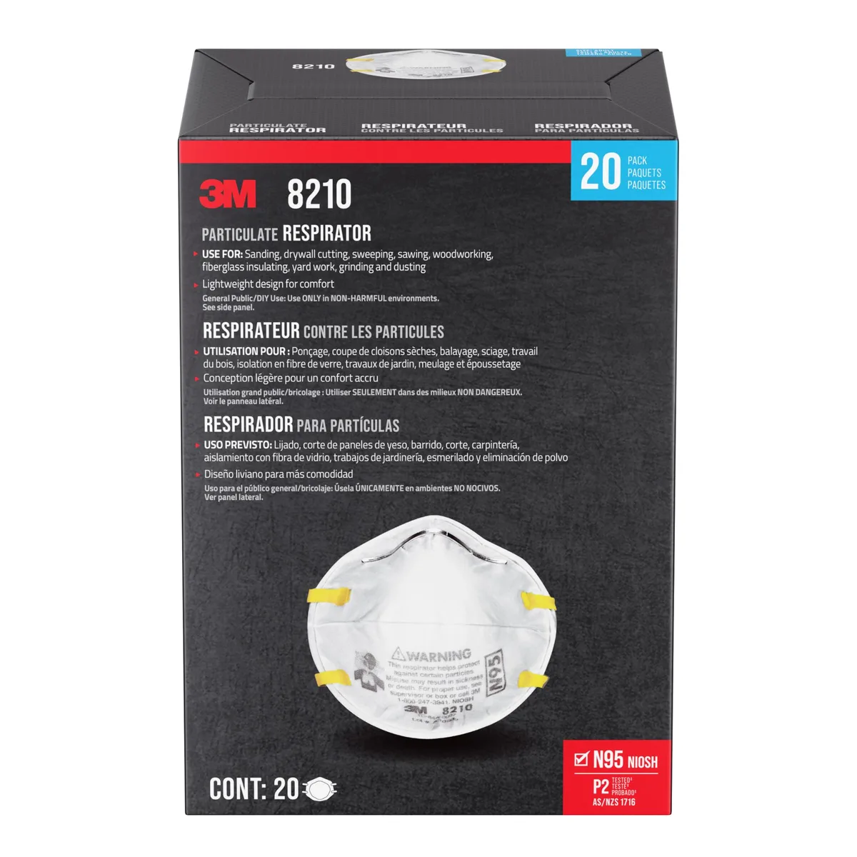 White cup-shaped N95 respirators with adjustable noseclip and dual elastic straps, twenty masks in pack