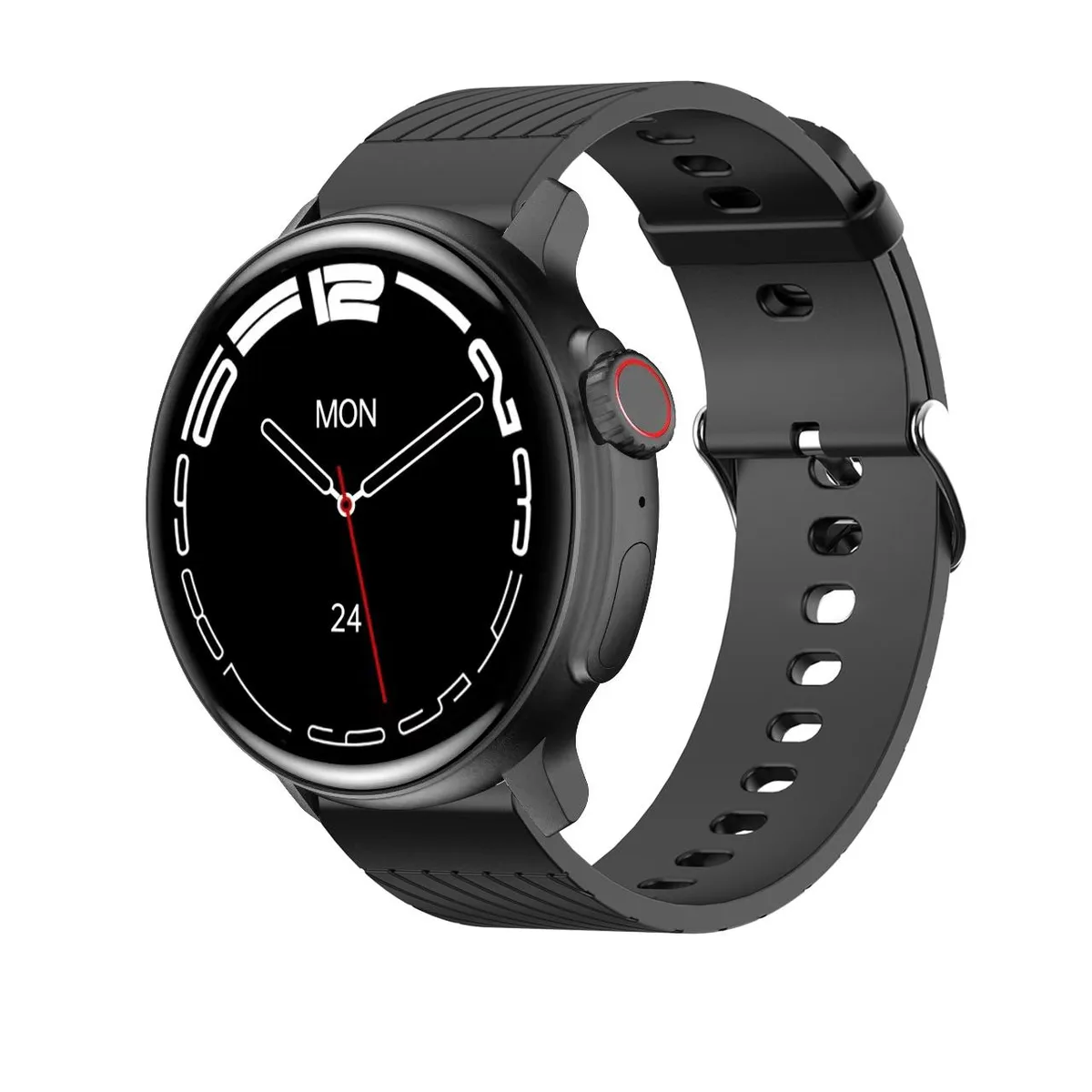Black round smartwatch with 1.43 inch AMOLED screen and silicone strap