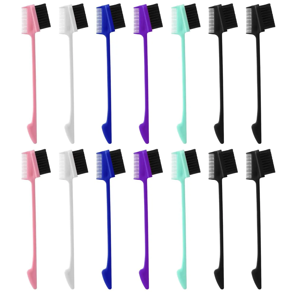 Fourteen ABS plastic edge brushes and combs in six colours, 17 by 3.5 cm each, in a 30 by 20 by 1.9 cm bag