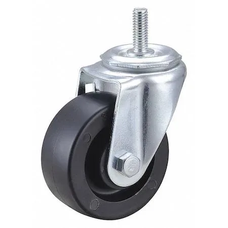 Small silver stem caster with black polyolefin wheel and threaded steel stem