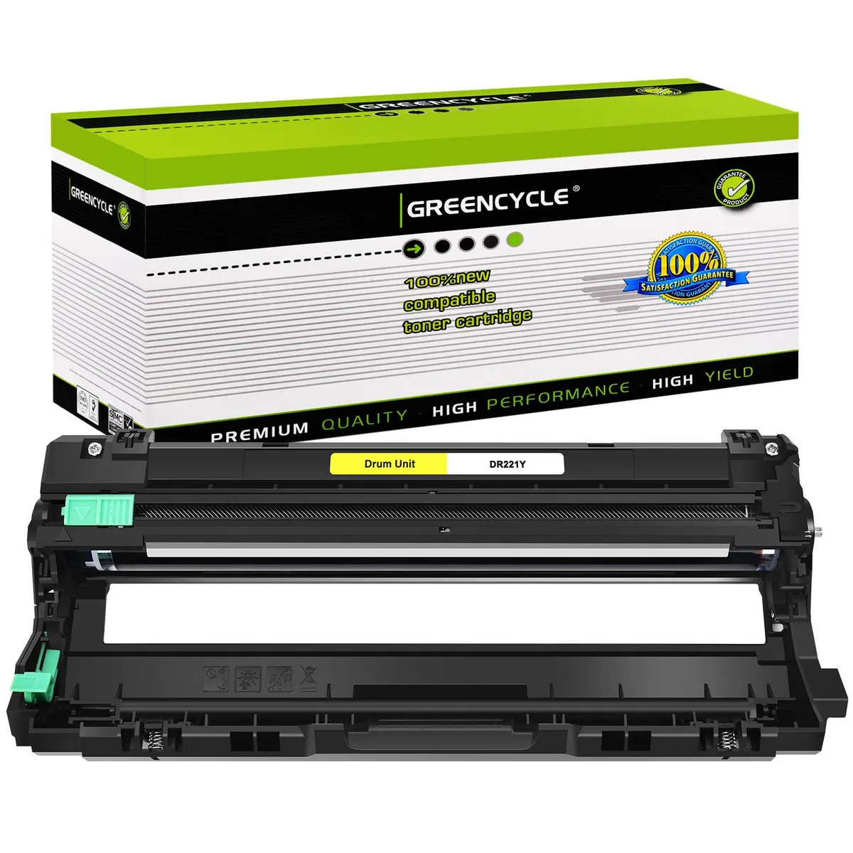 Yellow drum unit in rectangular plastic housing with green circuit board visible