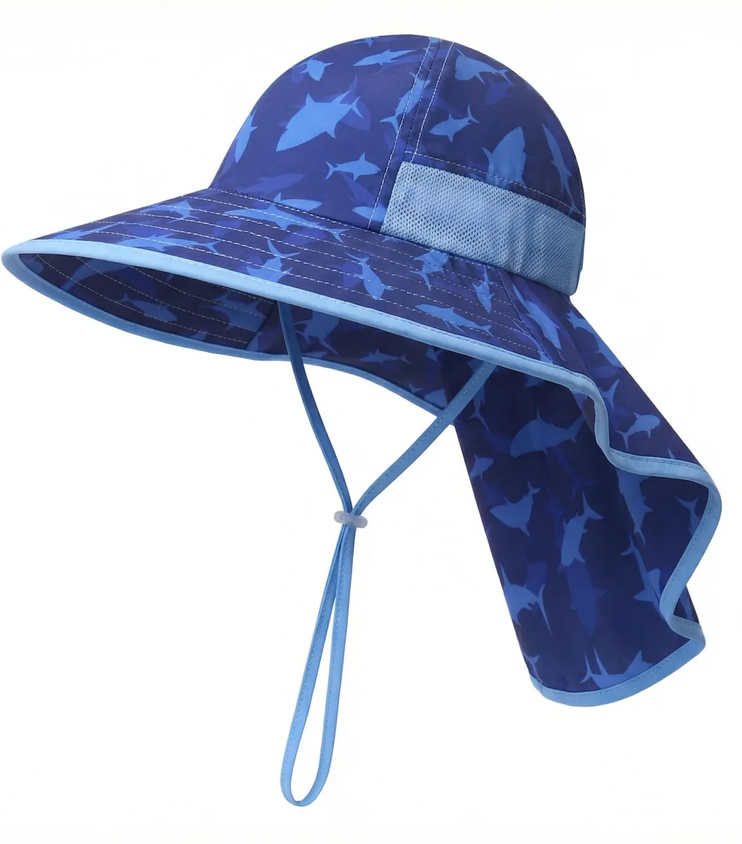  icolor Kids Sun Hat UPF 50+ Bucket Hat with Neck Flap Shark Ages 3-10 — product photo