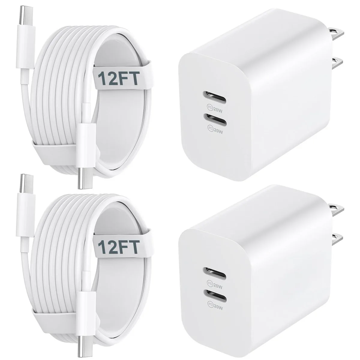 Compact white dual USB-C wall charger with two long white USB-C to USB-C cables coiled beside it