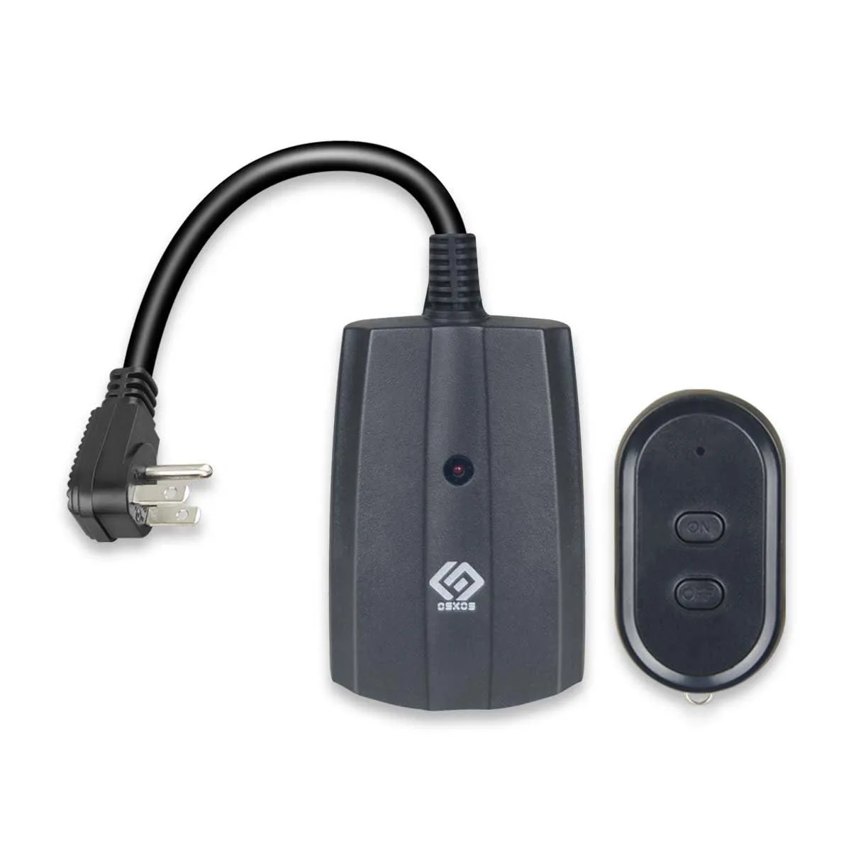 Black plastic weatherproof receiver with two grounded outlets and a small handheld remote control