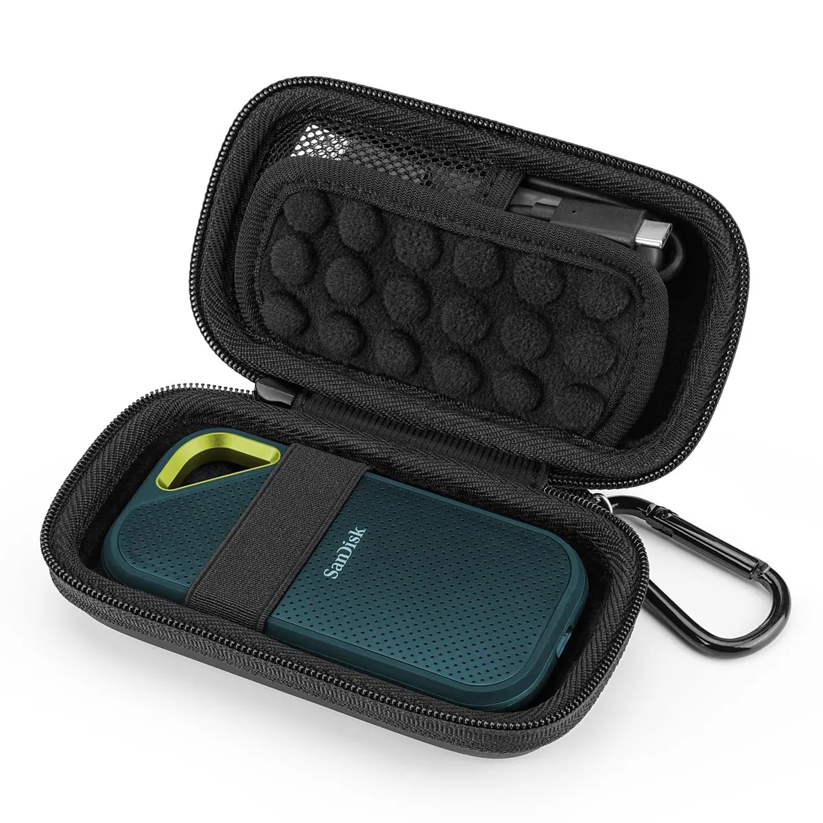 Black hard EVA travel case with zipper and mesh pocket for SanDisk Extreme portable SSDs