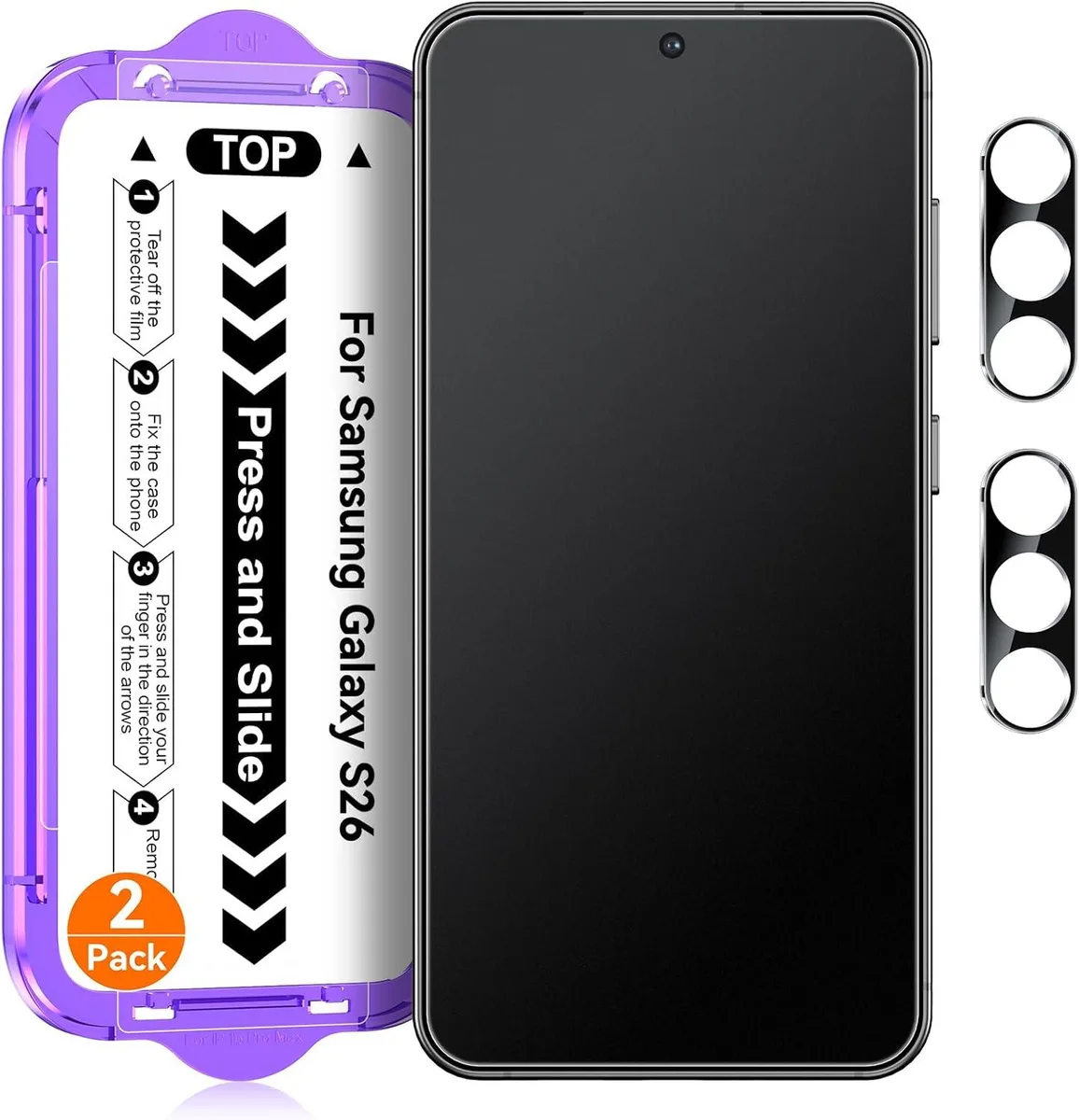 Two matte glass screen protectors and two camera lens protectors with installation frame for Galaxy S26 6.2 inch