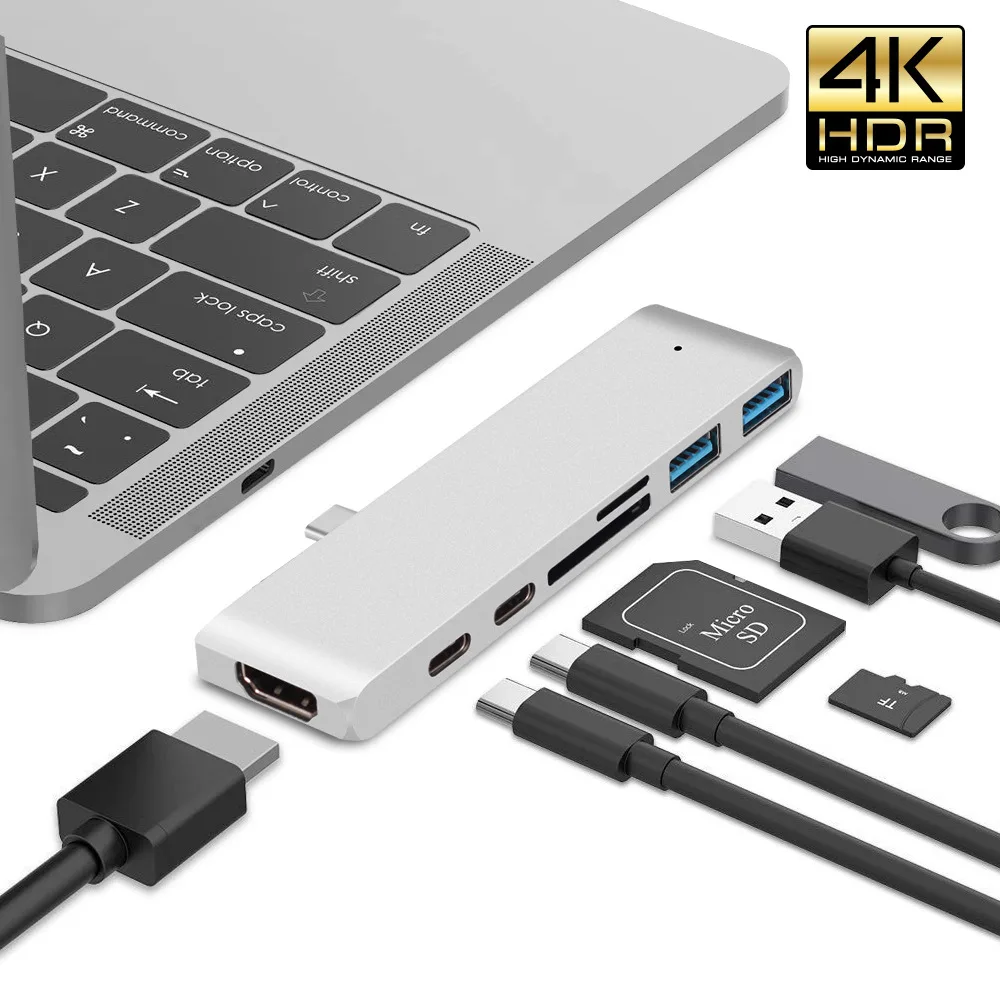 ESTONE ESTONE USB C to HDMI Adapter 7 in 1 Hub Thunderbolt 3 Silver — product photo