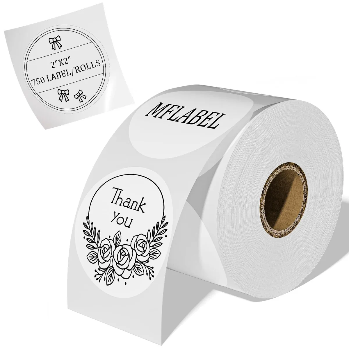White round thermal labels on roll, 2 inch circles, 750 count, 1.19 inch core