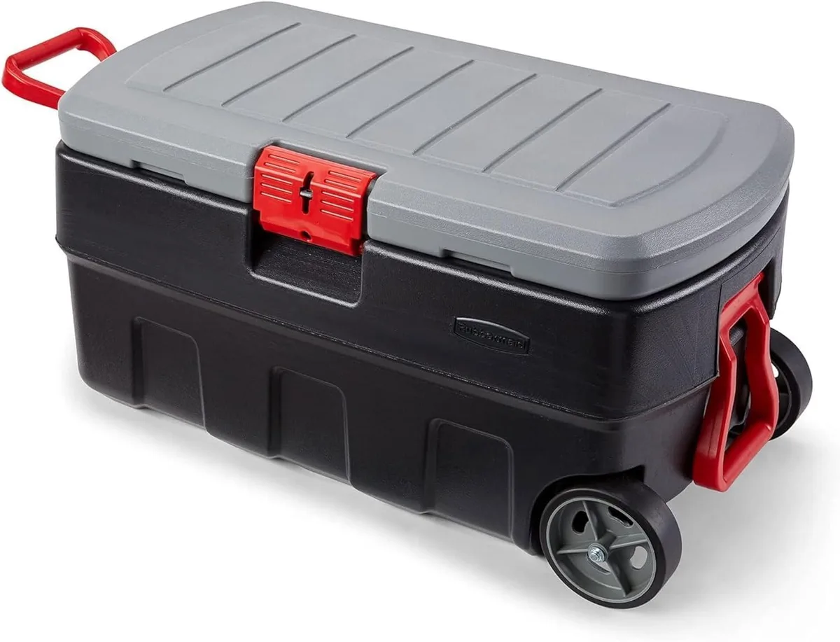Gray and black rectangular storage bin with lid and wheels