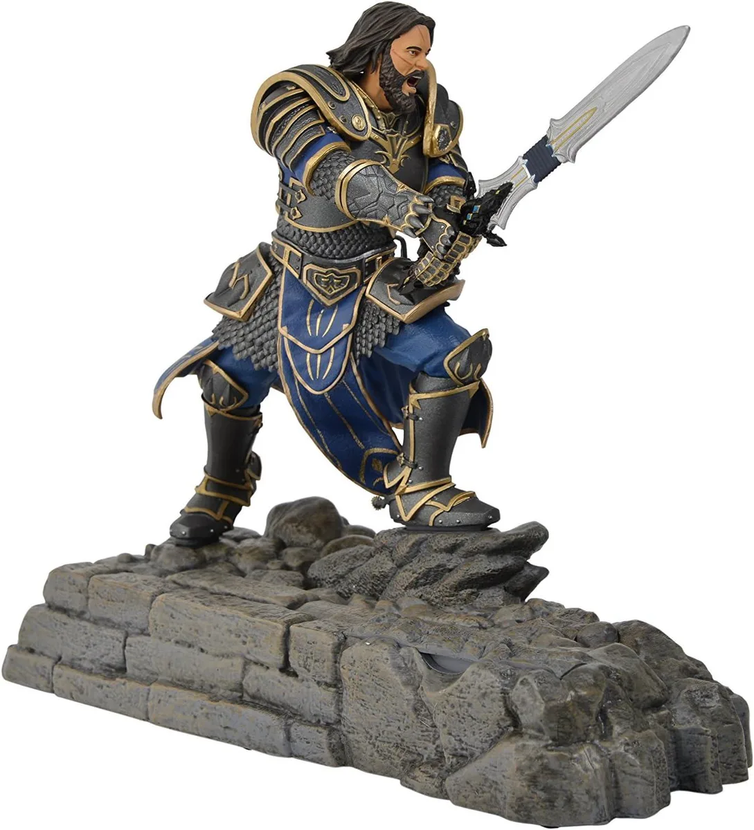 Warcraft Lothar statue phone charging dock, painted finish, holds phone up to Galaxy S6 edge+ or iPhone 6S Plus