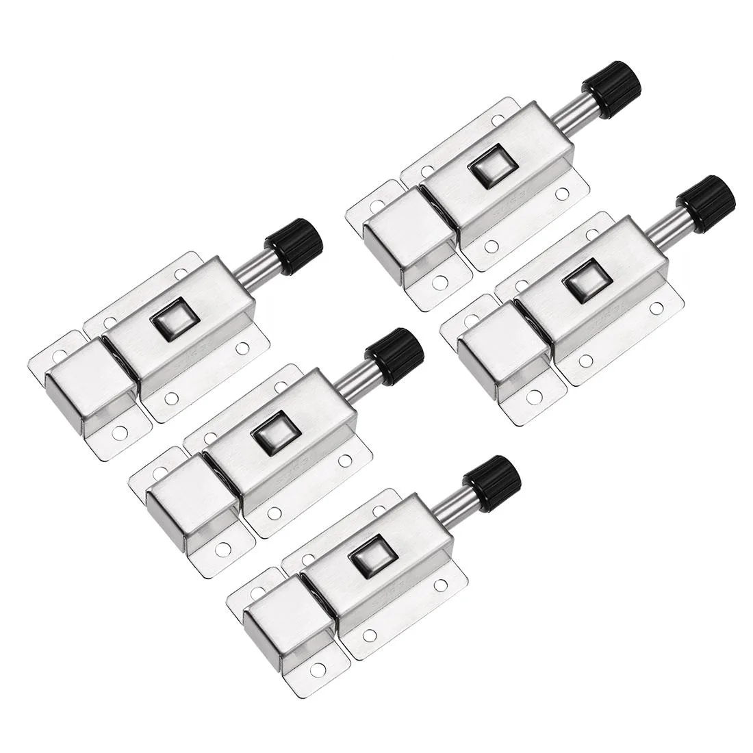 Five stainless steel 304 barrel bolts with spring loaded push button latches and separate strike plates, vibration polished finish