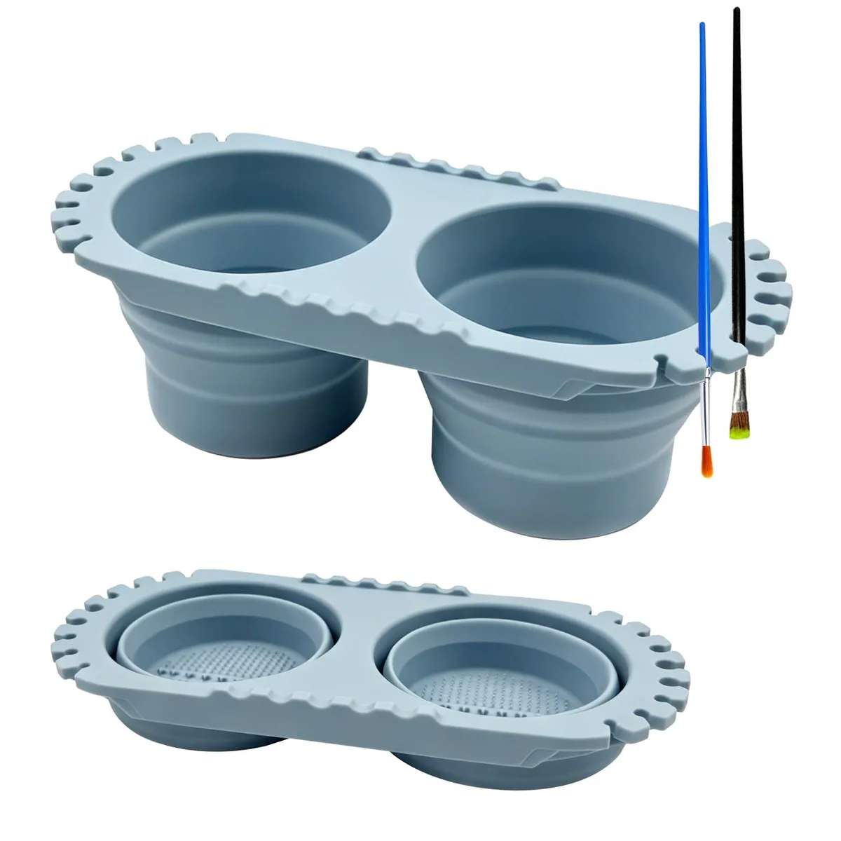 Foldable silicone cup with dual basins, ridged bases, and eighteen brush-holder holes around the rim
