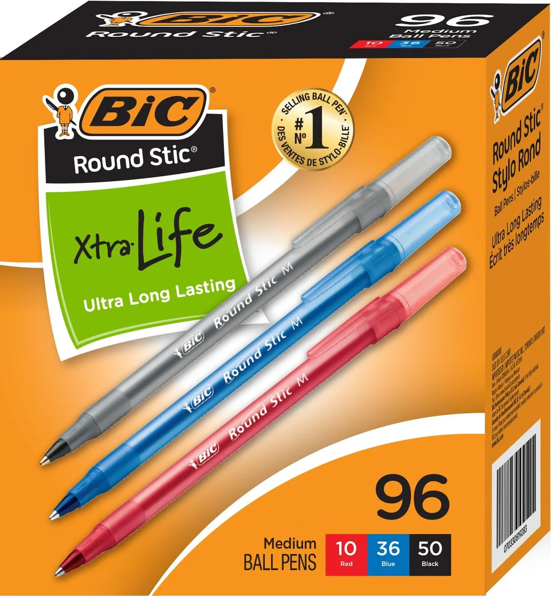 Box of 96 BIC Round Stic Xtra Life ballpoint pens in black, blue and red