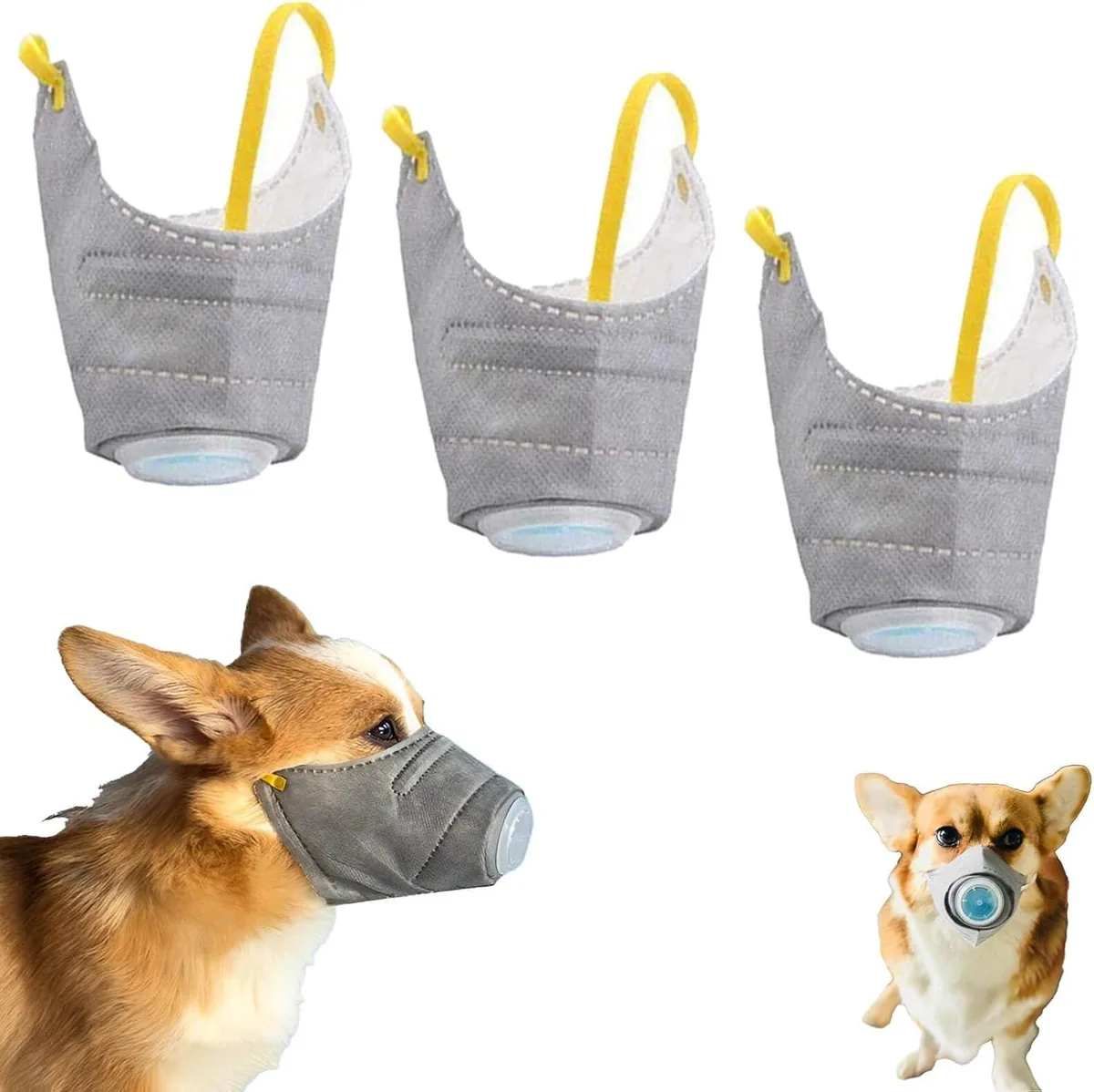 Three medium dog gas masks, nylon with adjustable straps, breathable filters