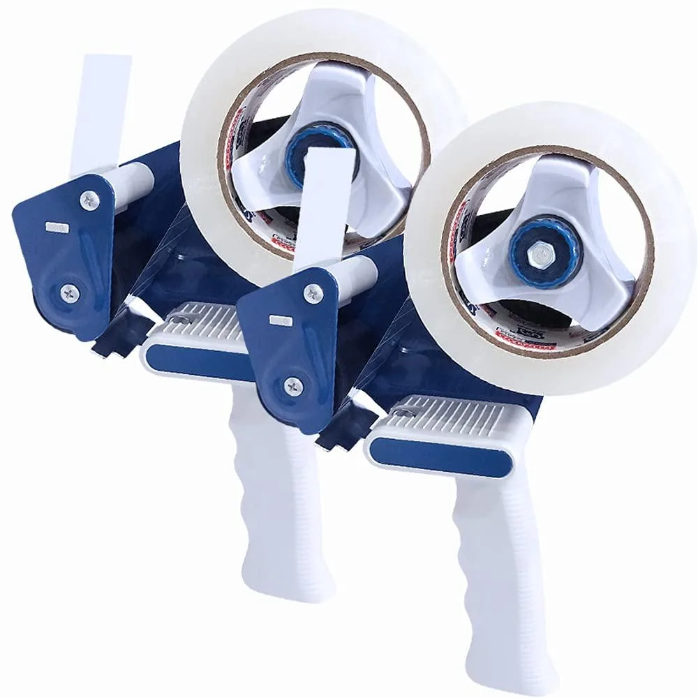 Two black manual tape dispensers with blue accents for two-inch tape