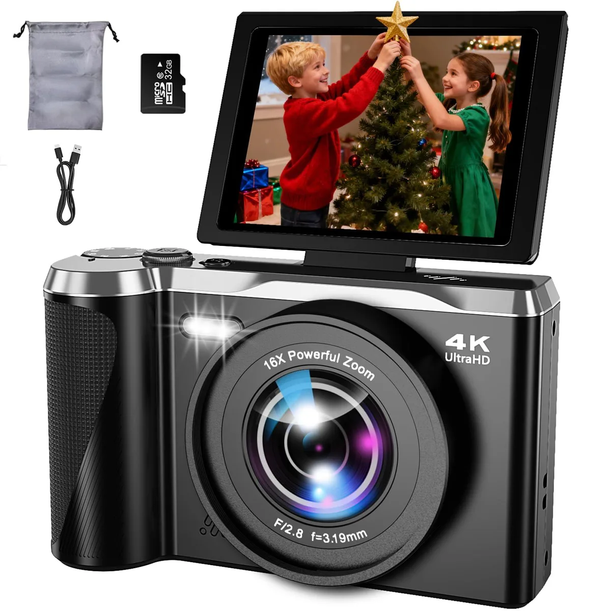  Kasukani DC11 56MP 4K Point &amp; Shoot Camera 16X Zoom 3" Flip Screen Black — product photo
