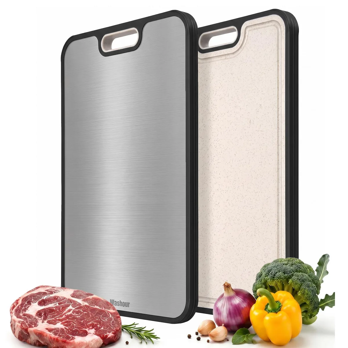 Rectangular titanium cutting board with deep juice channels and hanging hole, 15.4 by 10.6 inches
