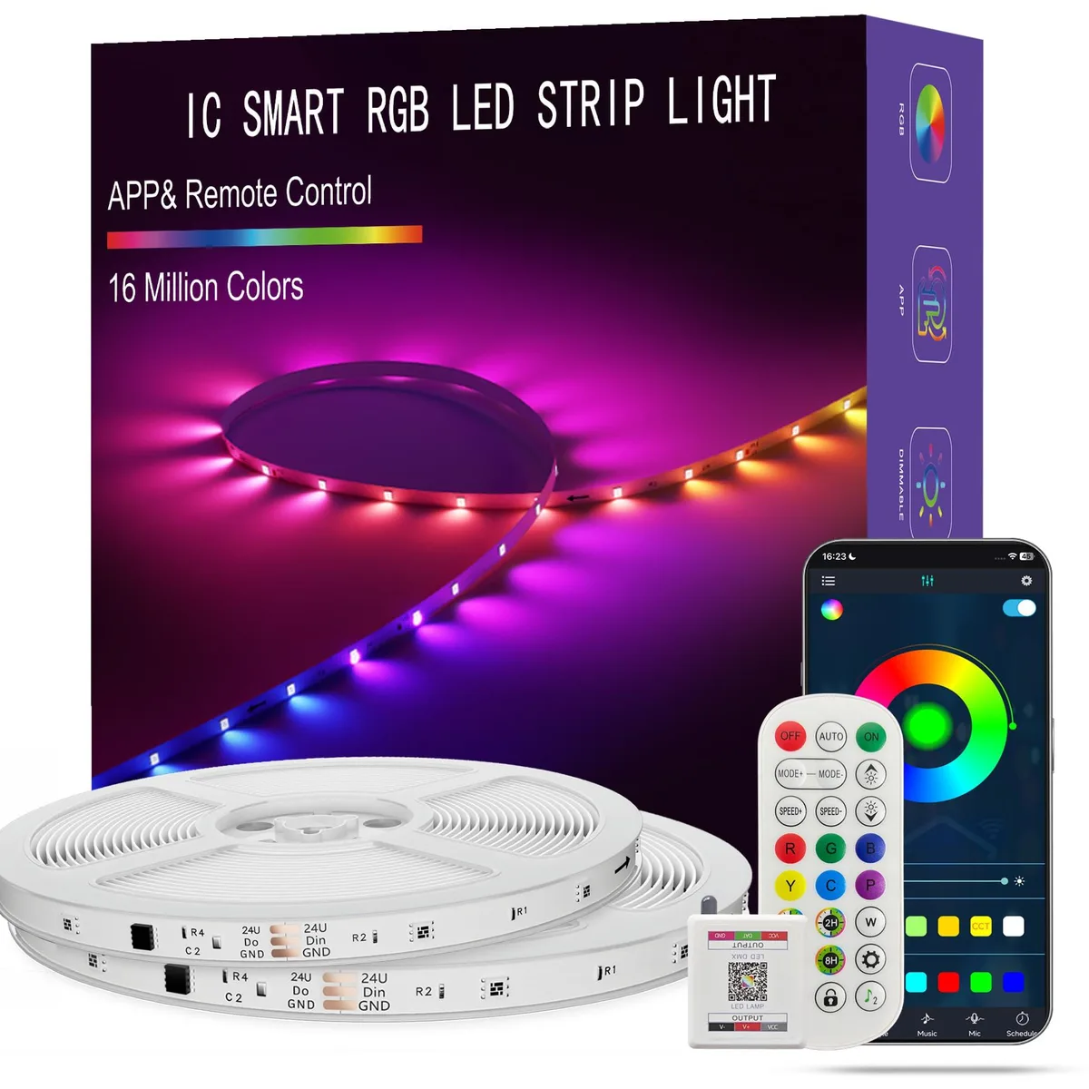 Two white 100FT LED strip rolls with clear prismatic cover, controller, power supply and remote