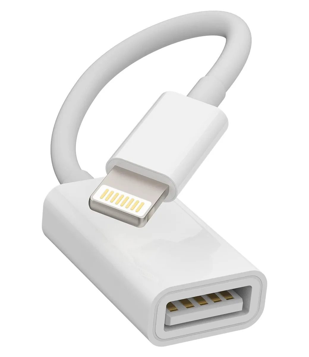 Small white Lightning-to-USB-A dongle, rectangular body, metal plug ends
